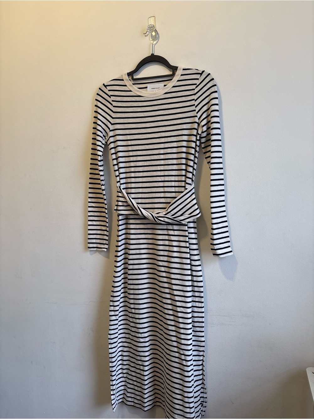 Current/Elliott Black and White Striped Long Sleeve Midi Dress